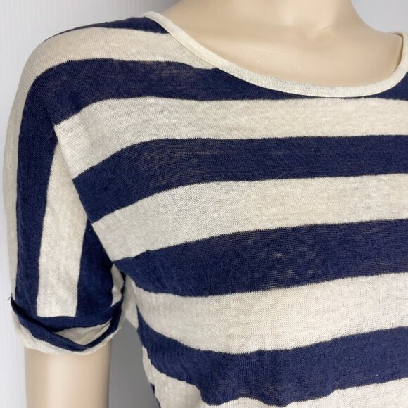 GERARD DAREL 100% Linen Boat Neck Classic Striped Navy White T-Shirt Top sz 1 - Picture 3 of 6